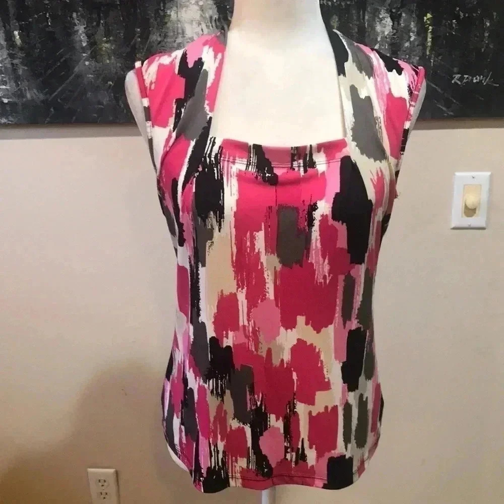 Kasper Pink/Black/White Abstract Design Blouse with Square Neckline Size PS